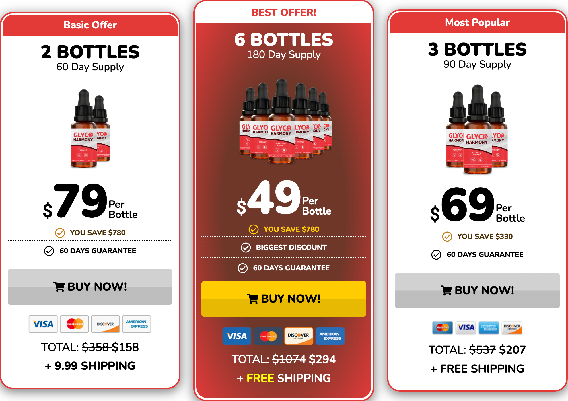 GlycoHarmony pricing — 2 bottles $79, 6 bottles $49 best offer, 3 bottles $69