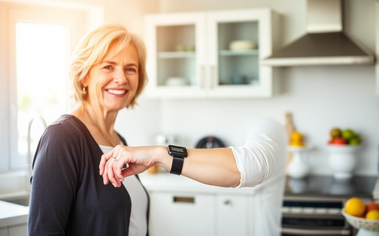 Woman checking glucose monitor in kitchen — GlycoHarmony lifestyle